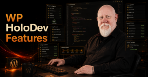 Alan using WP HoloDev at a dark development workstation with WordPress code, testing, security checks and release tools.