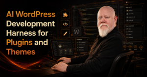 Alan Lloyd at a dark AI WordPress development workstation with code, plugin, theme, testing and deployment interfaces.