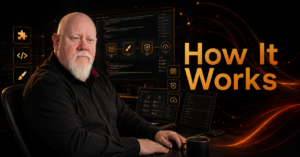 Alan using WP HoloDev at a dark development workstation with code, project tools, testing and deployment workflows.