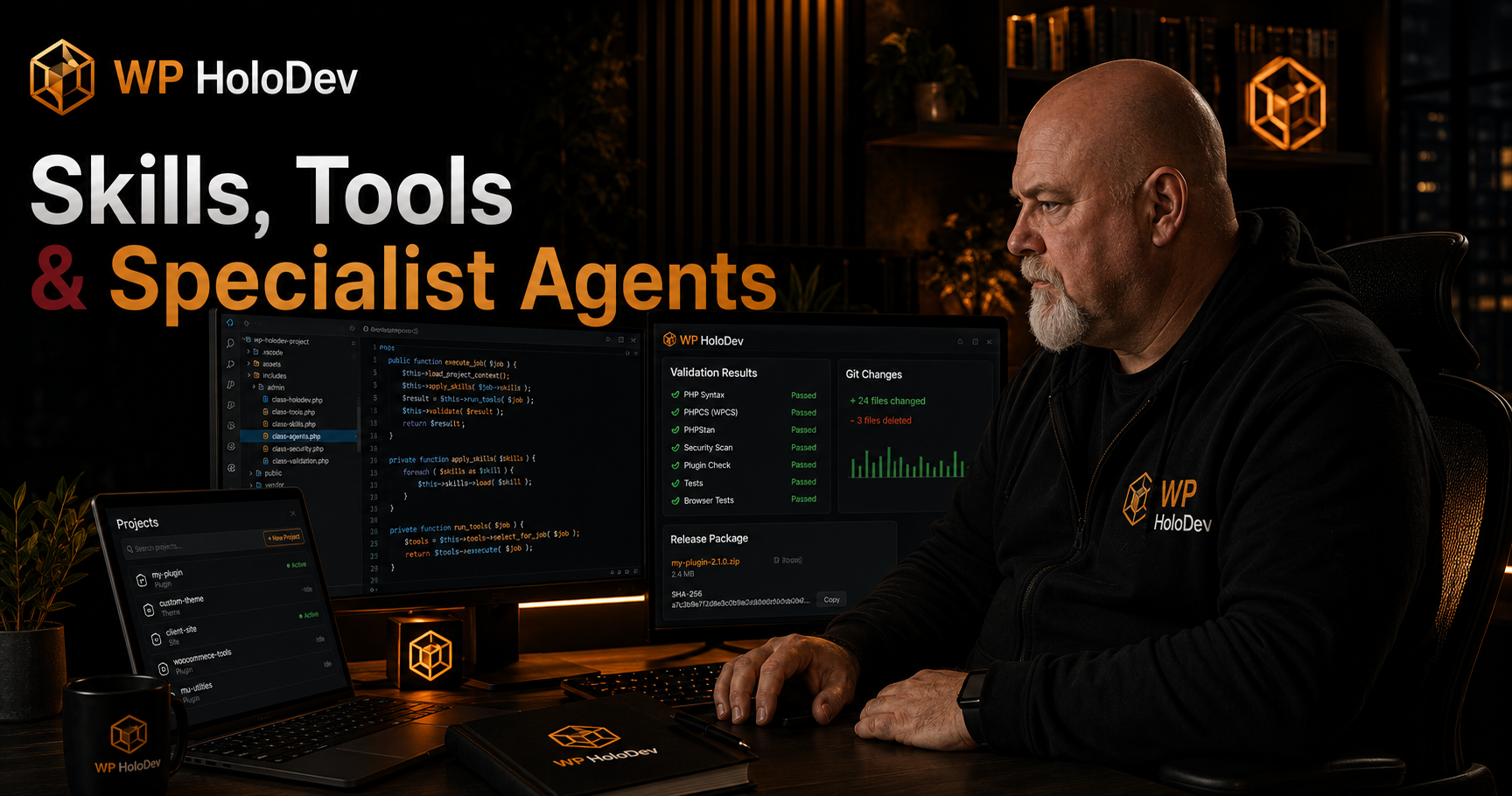 Developer using WP HoloDev at a dark workstation with WordPress code, validation results, project tools and release checks.